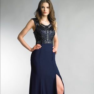 Evening Dress, Navy Beaded Gown Leg Slit